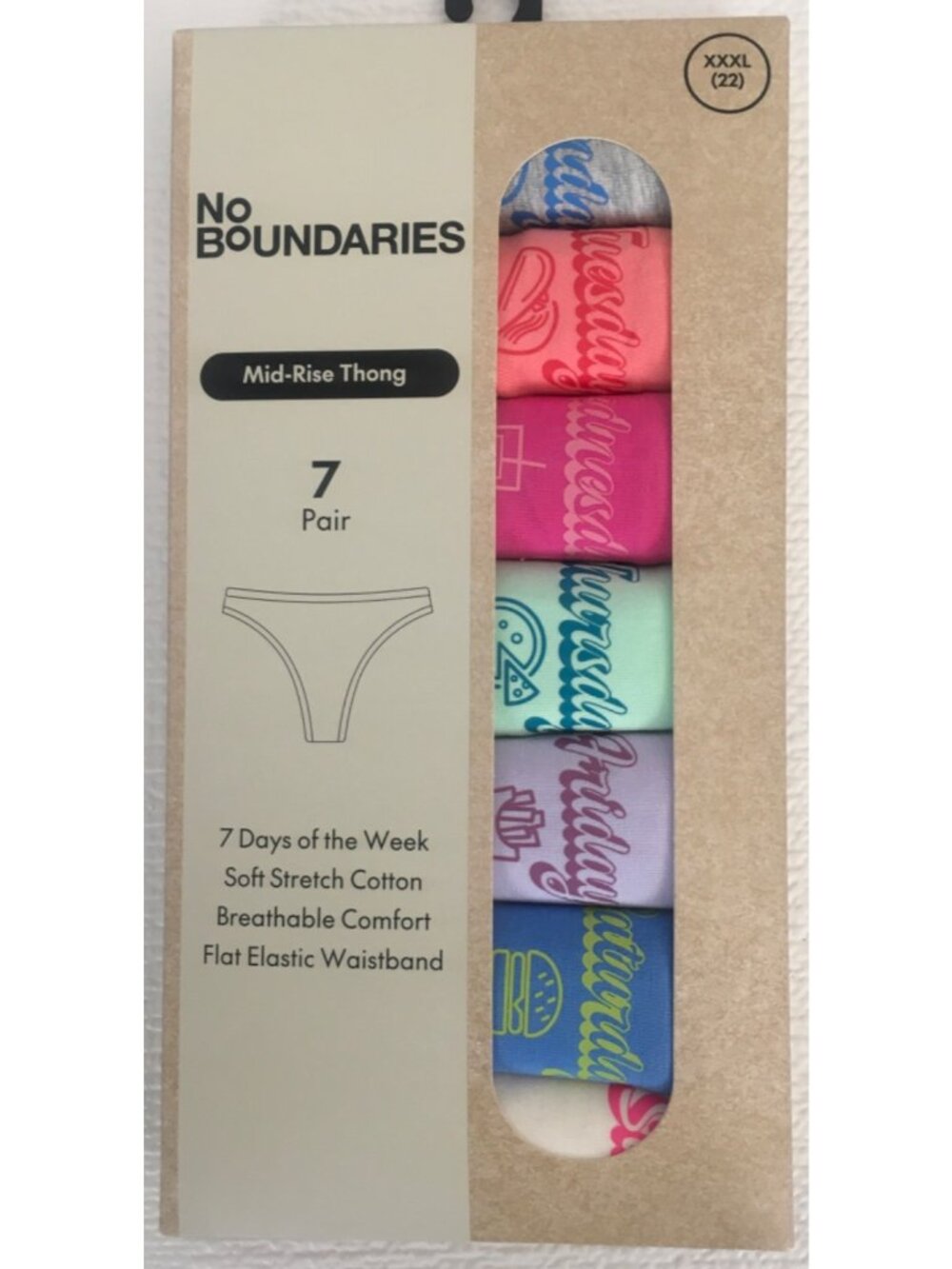 No Boundaries 7 Pairs Mid Rise Thong Underwear Size XXL 7 Days of The Week New